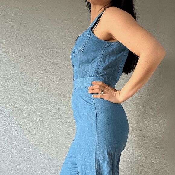 vtg 90s light blue cotton overalls onepiece zip‎ up summer romper boho small - Picture 3 of 9